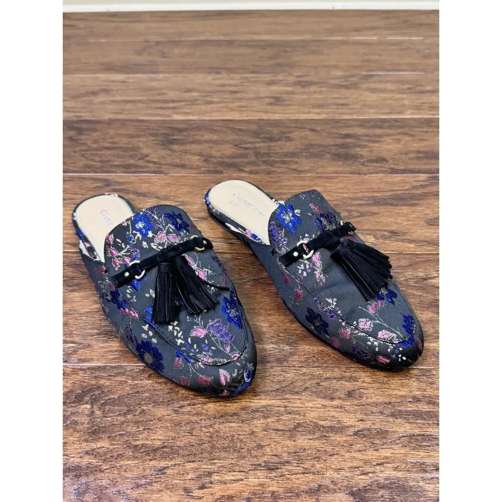 GIANNI BINI Brewsten Floral Brocade Fabric Tassel Mule Loafer, Black, Sz 10M